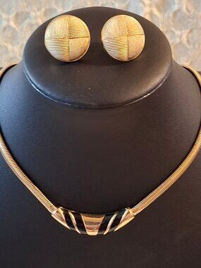 Vintage 1980s Avon Gold Tone Black Crescent Collar Necklace and Button Earrings